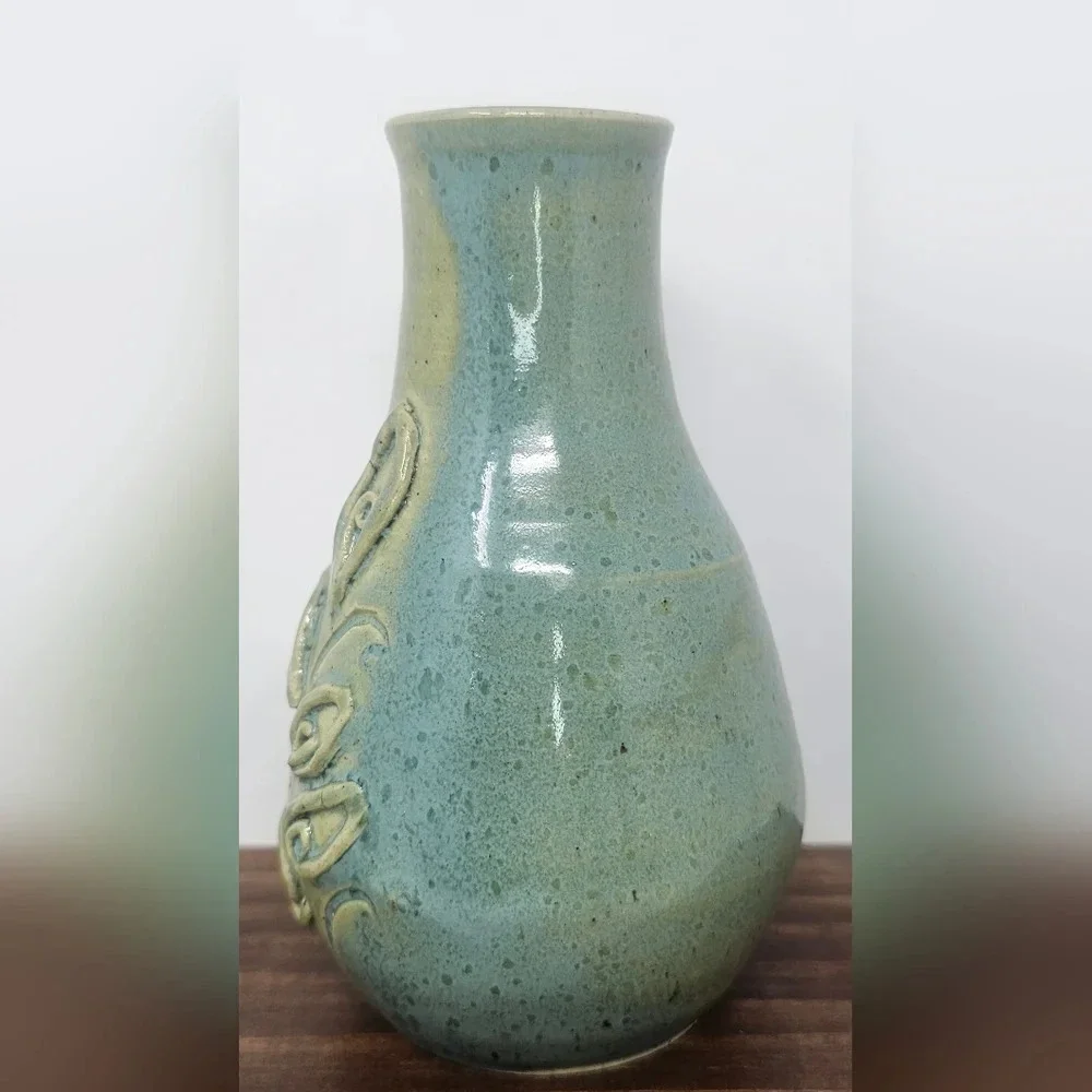Handmade Pottery Vase Signed By Lana? Green Blue Textured Floral Detailed 6x3